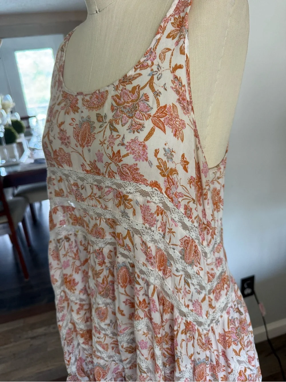 Free People Intimately Floral Lace Trim Trapeze Tank Top Pink Peach Boho Peplum
